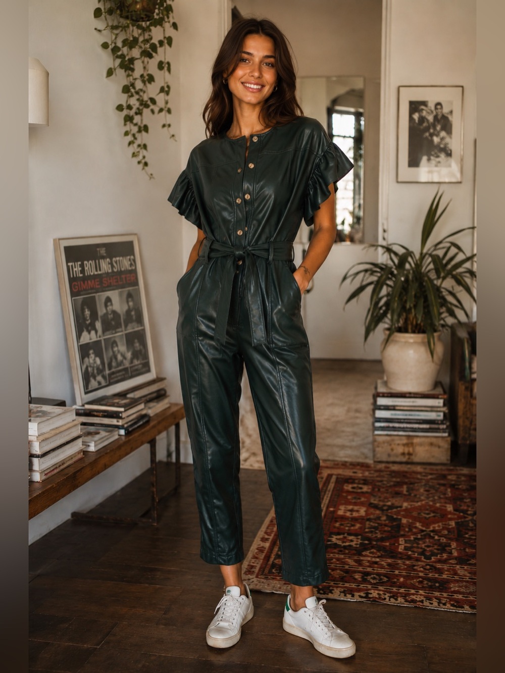 SAYLOR x Anthro Meredith Emerald Green Faux Leather Belted Jumpsuit Size Small